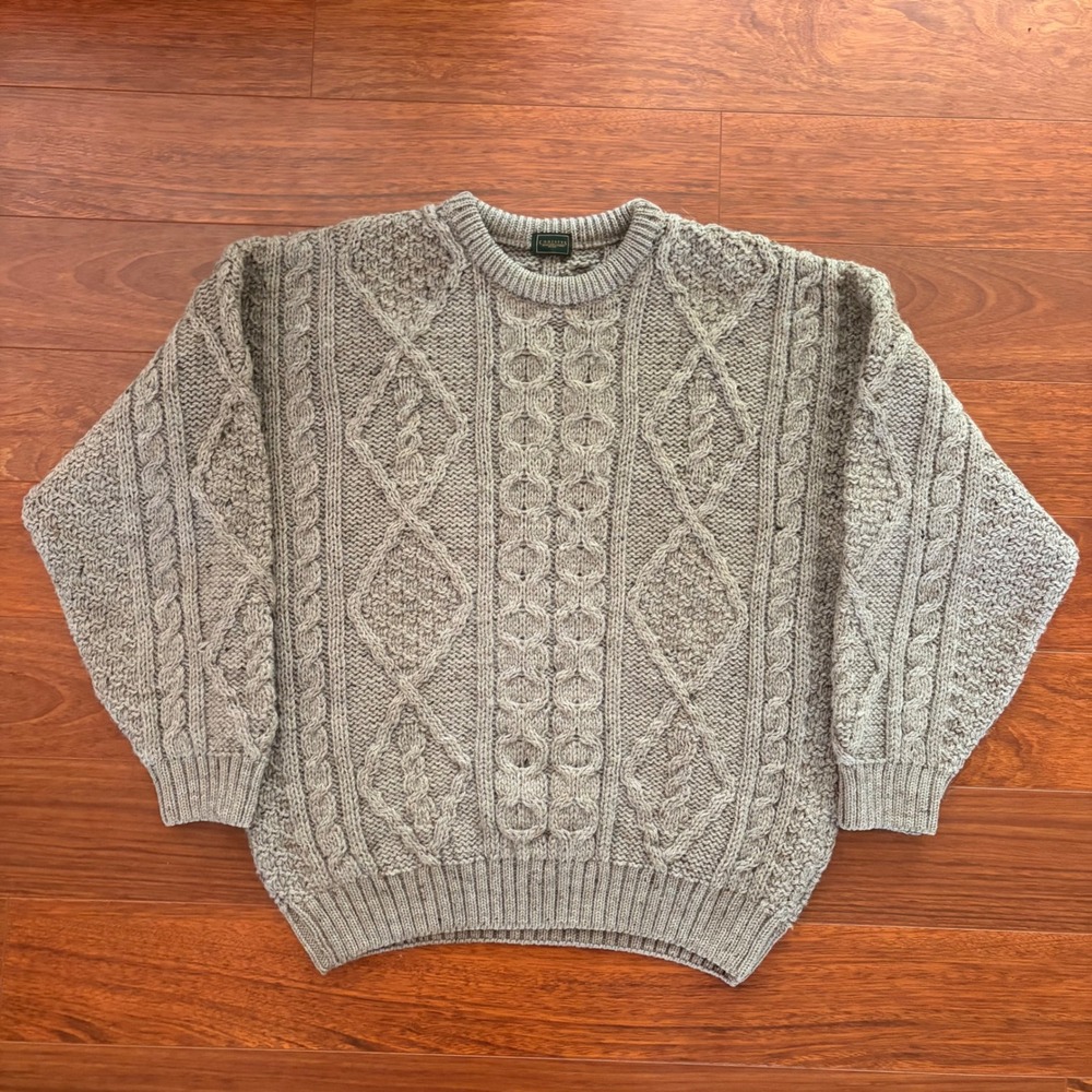 Christy's Irish Stores 100% Wool Aran Cable Knit Fisherman Sweater Gray